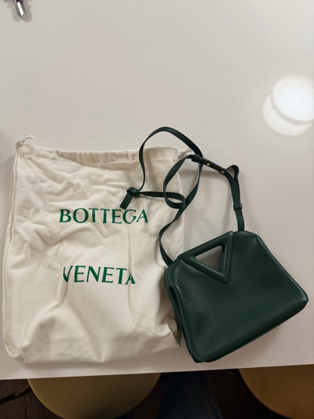 Bottega Veneta Dark Green Triangle Cutout Leather Crossbody Bag